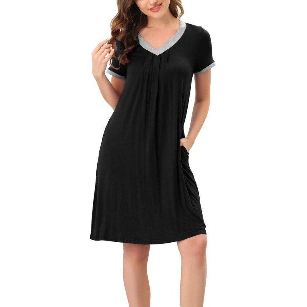 Womens Nightshirt Sleepwear Lounge Dress V-Neck with Pockets Pajama Black